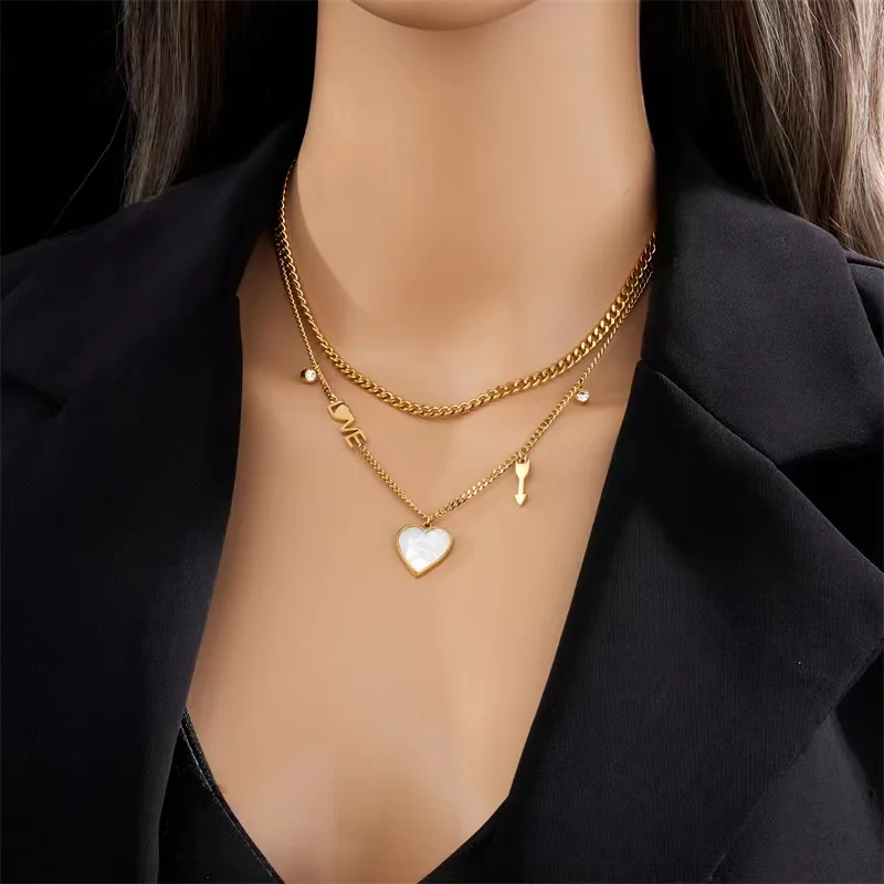 316L Stainless Steel New Fashion Fine Jewelry 2 Layer Zircon Love Cupid's Arrow Charm Chain Choker Necklaces Pendant For Women image 3