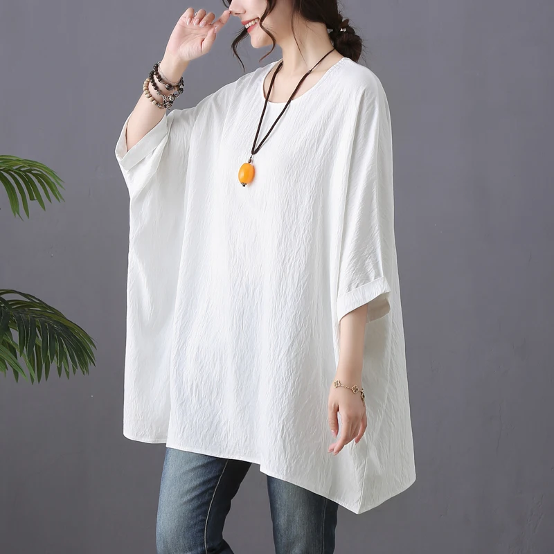Plus Size Katoen Linnen Batwing Sve T-shirt Zomer Faion Buik Die Afslanken Top Koreaanse Sle Ronde Ne Mid-lengte