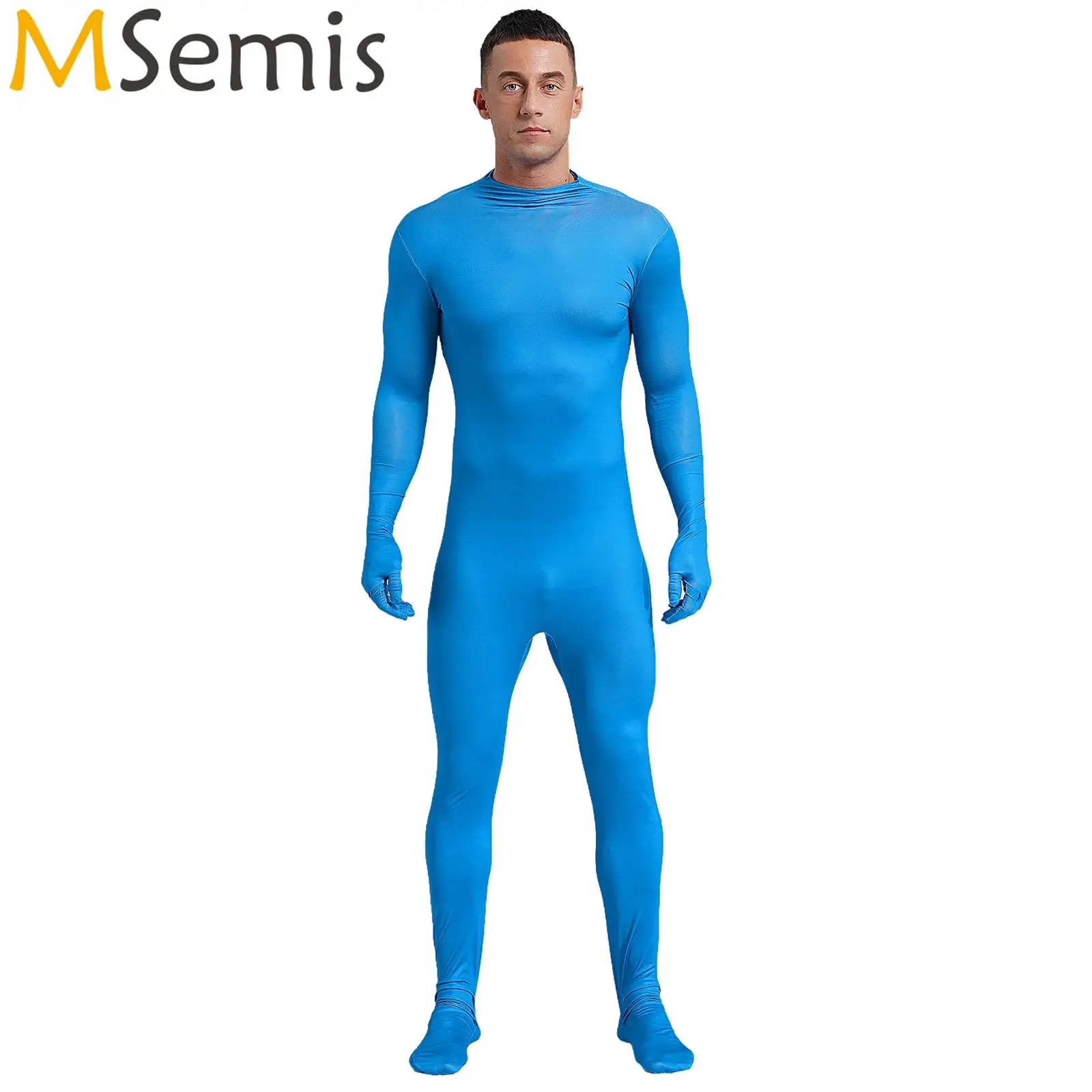 Mens Full-body Cover Zentai Unitard Dancewear Long Sleeve with Gloves Back Zipper Stockings Bodysuit Solid Color Jumpsuit