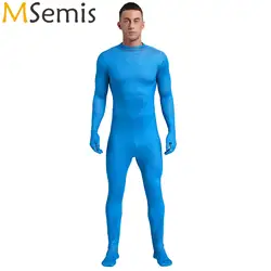 Mens Full-body Cover Zentai Unitard Dancewear Long Sleeve with Gloves Back Zipper Stockings Bodysuit Solid Color Jumpsuit