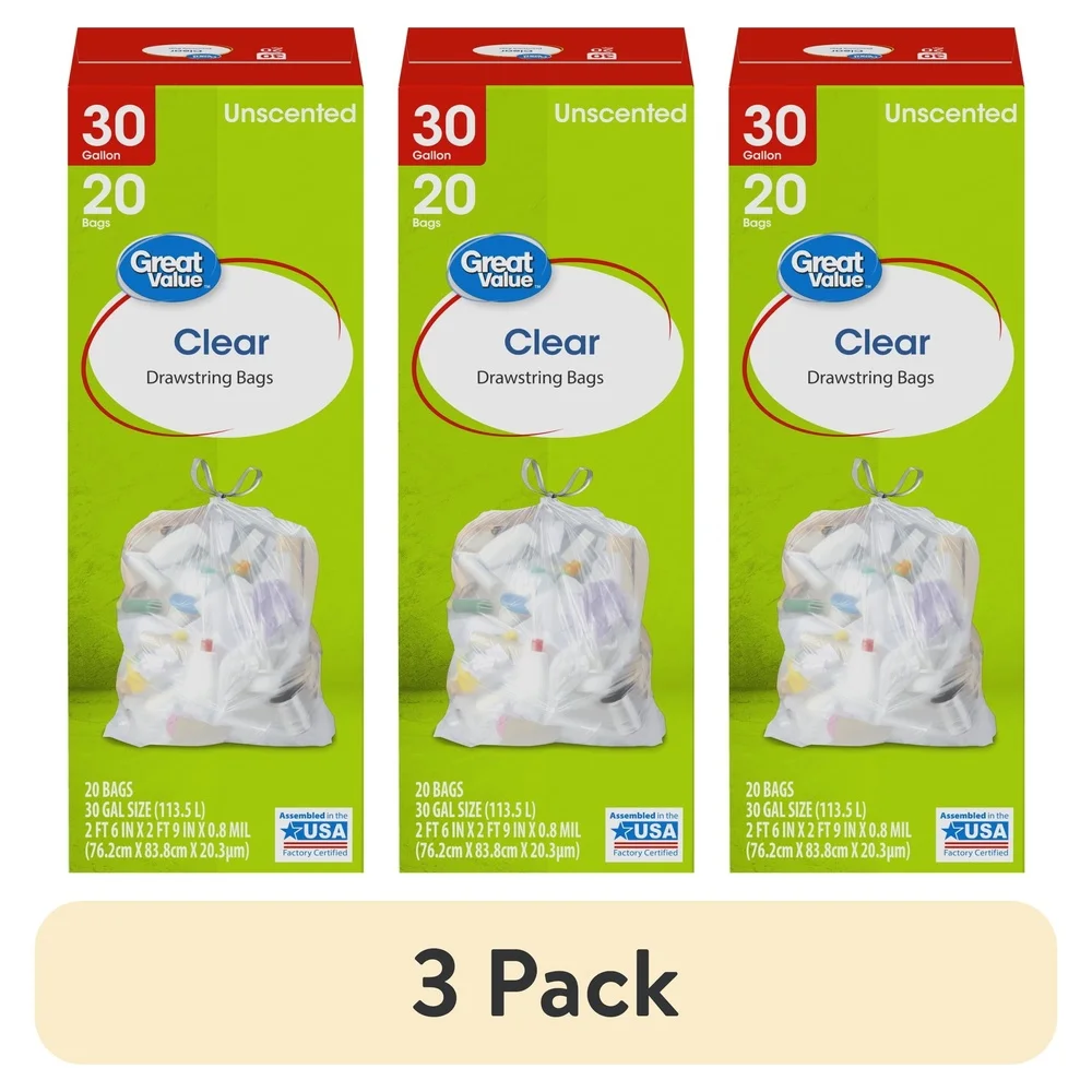 أكياس قمامة برباط شفاف سعة 30 جالونًا، عبوة من 20 كيسًا كبيرًا غير معطر، مقابض سهلة الحمل للاستخدام المنزلي في المرآب