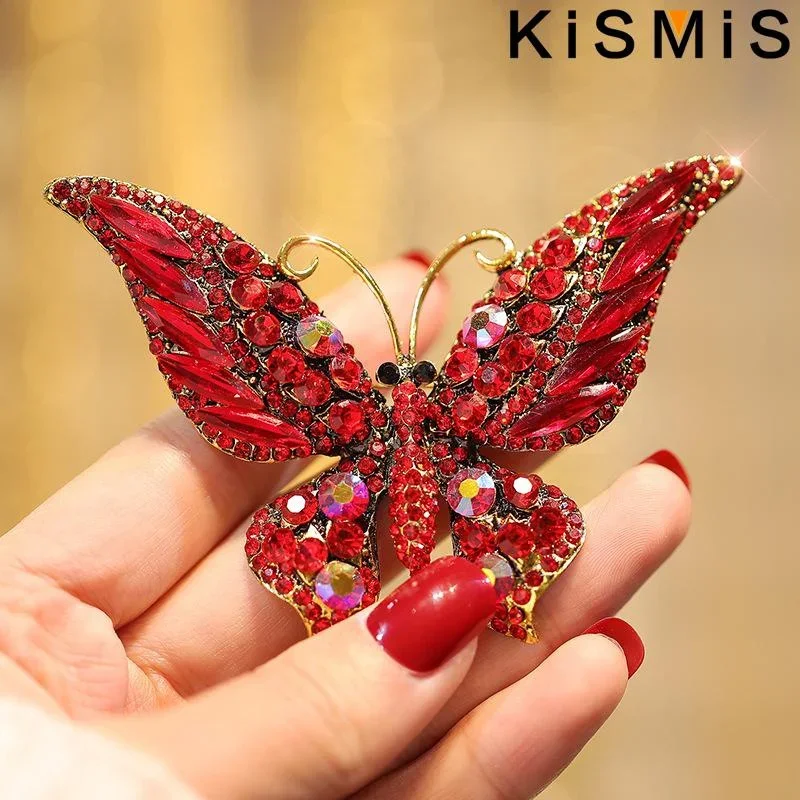 KISMIS 1Pc Retro New Crystal Rhinestone Butterfly Gold-plated Brooch Fashion Animal Insect Ladies Brooch