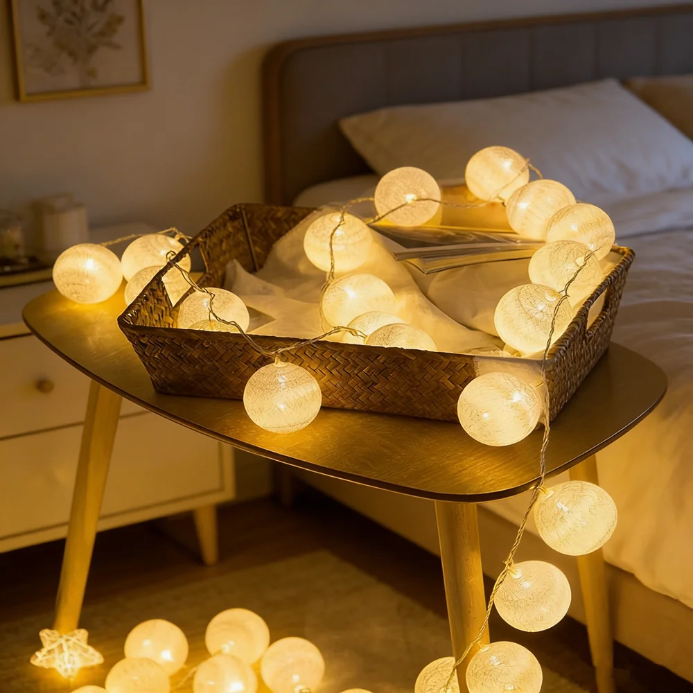 Cotton Ball String Fairy Night Lights LED Bulb Bedroom Christmas Halloween Outdoor Holiday Party Baby Bed Lights Decoration image 4