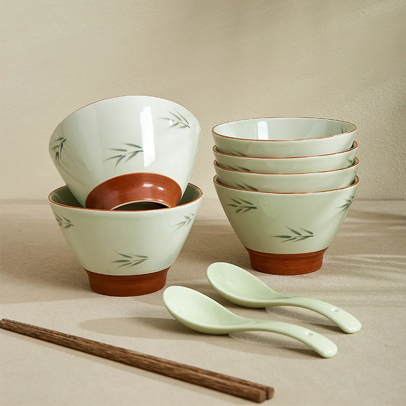 Cuenco de sombrero de bambú de cerámica de bambú verde, cuenco de té fresco puro pintado a mano con textura gruesa y no caliente, cuenco de sopa de fideos para el hogar