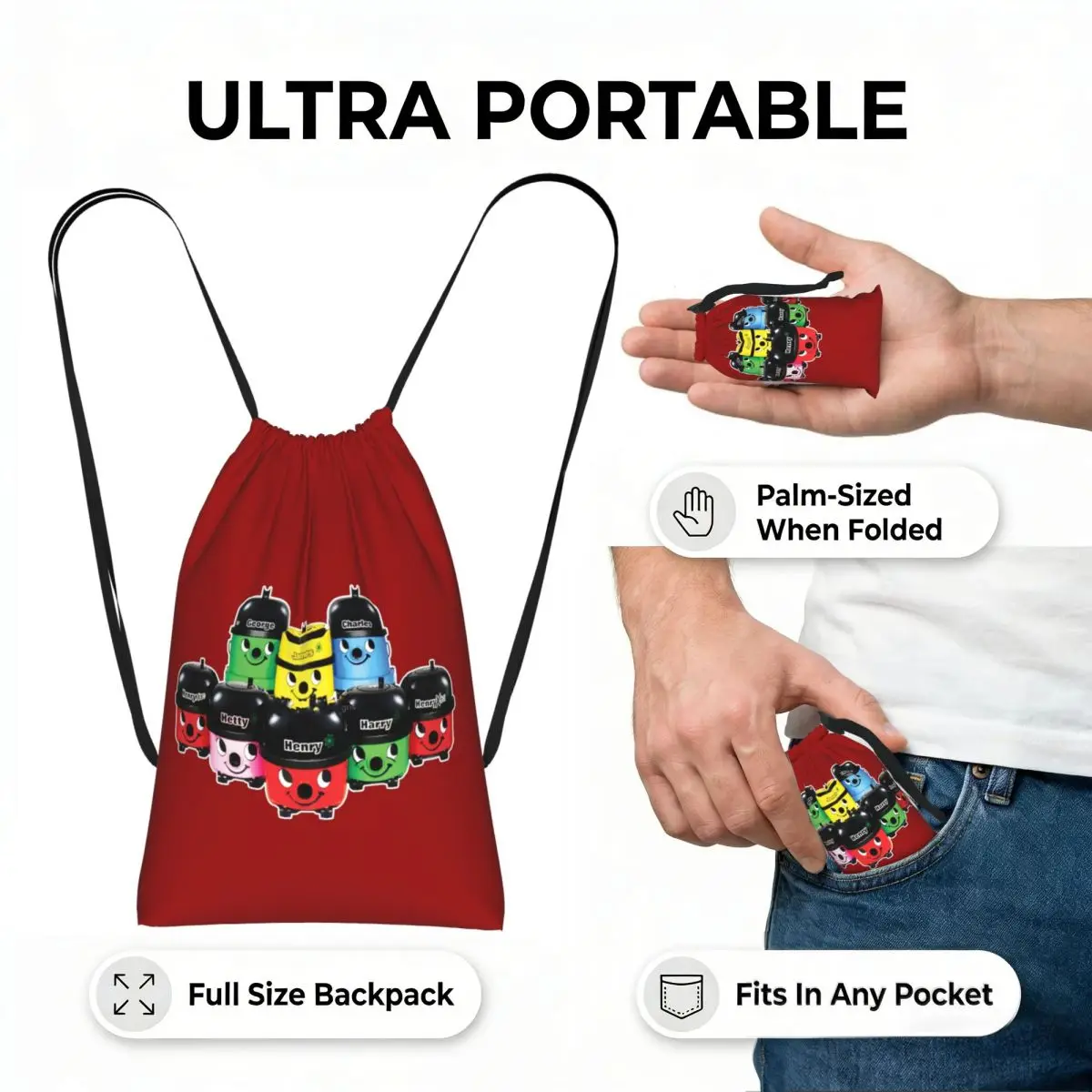 Henry Hoover And Friends Drawstring Backpack Sports Gym Bag Portable Travel Drawstring Bag for Men Women