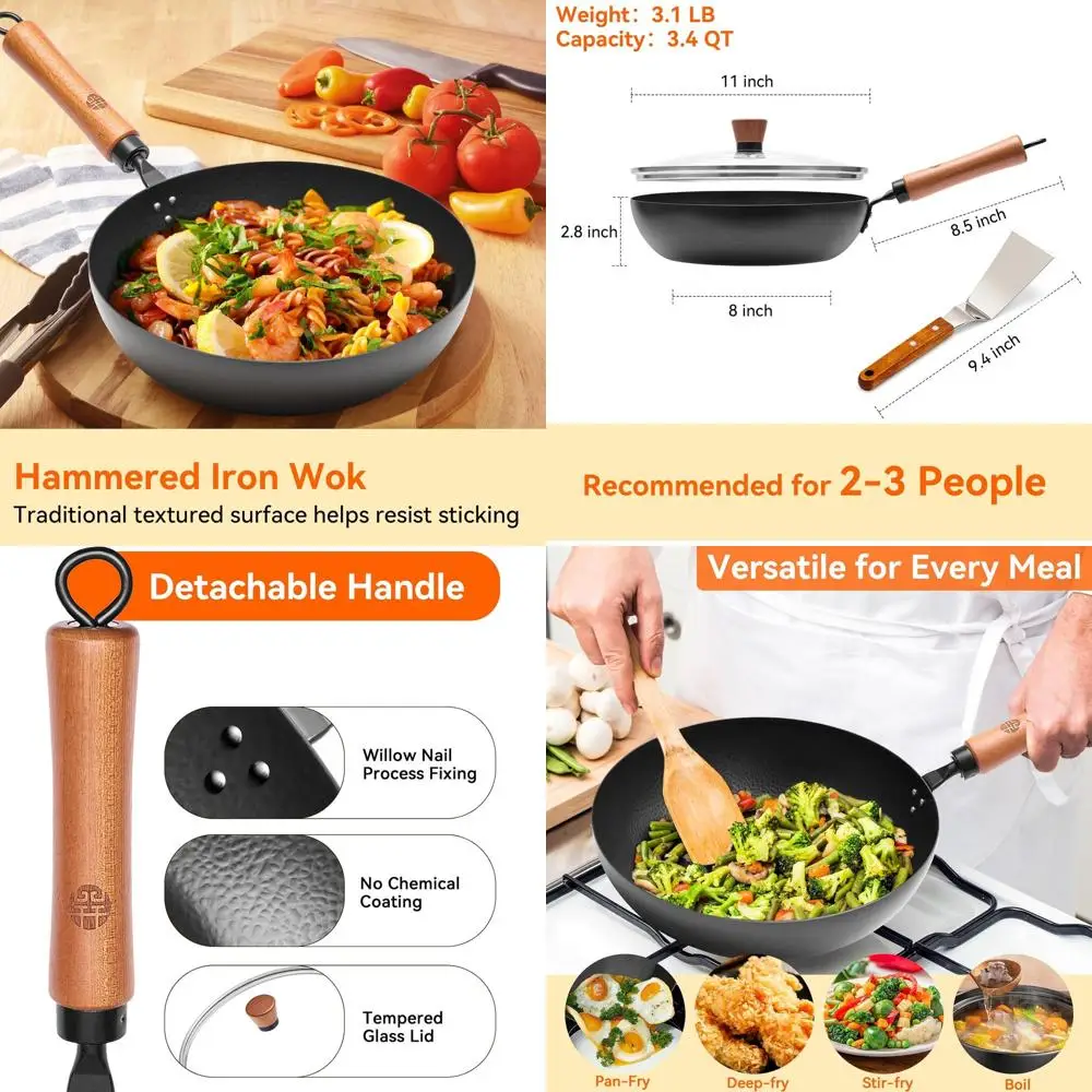 

11-inch Uncoated Iron Skillet with Glass Lid, Griddle Spatula, and Wooden Handle - Induction, Gas, and Electric Cooktop Compatib