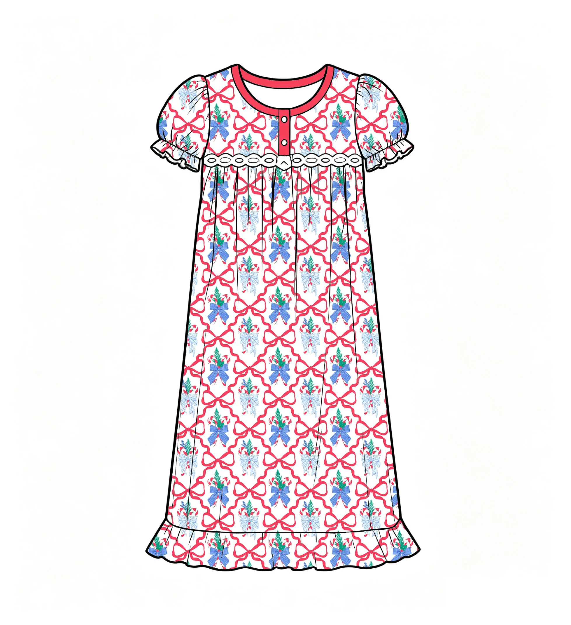 Toddler Girls Nightgown Lace Trim Ruffle Hem Sleep Dress Christmas Candy Cane Strawberry Peach Floral Kids Loungewear Custom