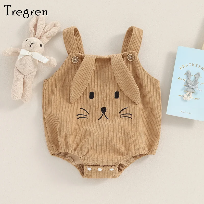 

Tregren 0-18M Infant Baby Boy Girl Ribbed Rompers Sleeveless Square Neck Rabbit Ear Button Down Newborn Jumpsuit Easter Overalls