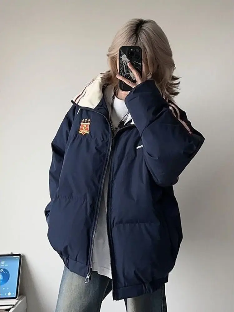 

Loose Women's Cotton Jaet Bread Sle Stand Collar Winter Warm Outerwear Striped Korean Version Long Sve Zipper Closure