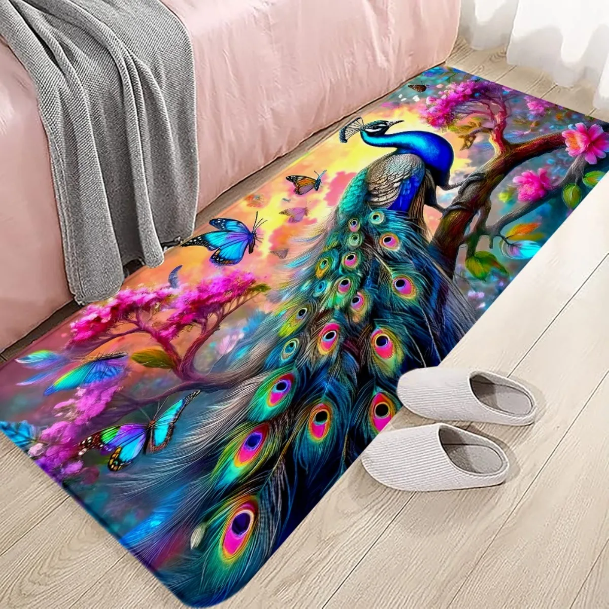 1pc Large Peacock & Butterfly Indian Motif Floor Mat - Turquoise Blue Green Pink Golden Bohemian Design, Extra Long Runner Mat