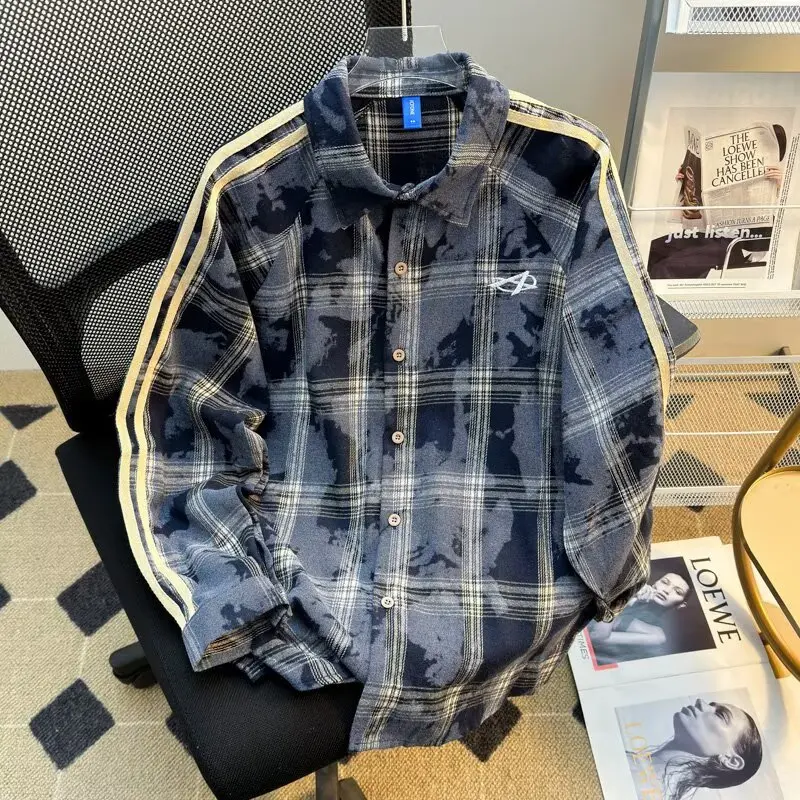 

Высококачественная рубашка с длинным рукавом в клетку и тай-дай принт, с воротником, в полоску, свободного кроя, из полиэстера, для осеннего сезона, модная.