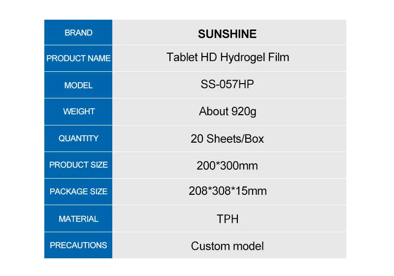 ฟิล์มกันรอยหน้าจอโทรศัพท์มือถือ Sunshine ฟิล์มไฮโดรเจลสําหรับ iPhone, iPad, แท็บเล็ต, 12 นิ้ว, ss-057hp, ss-057p, ss-057pb, ss-057p