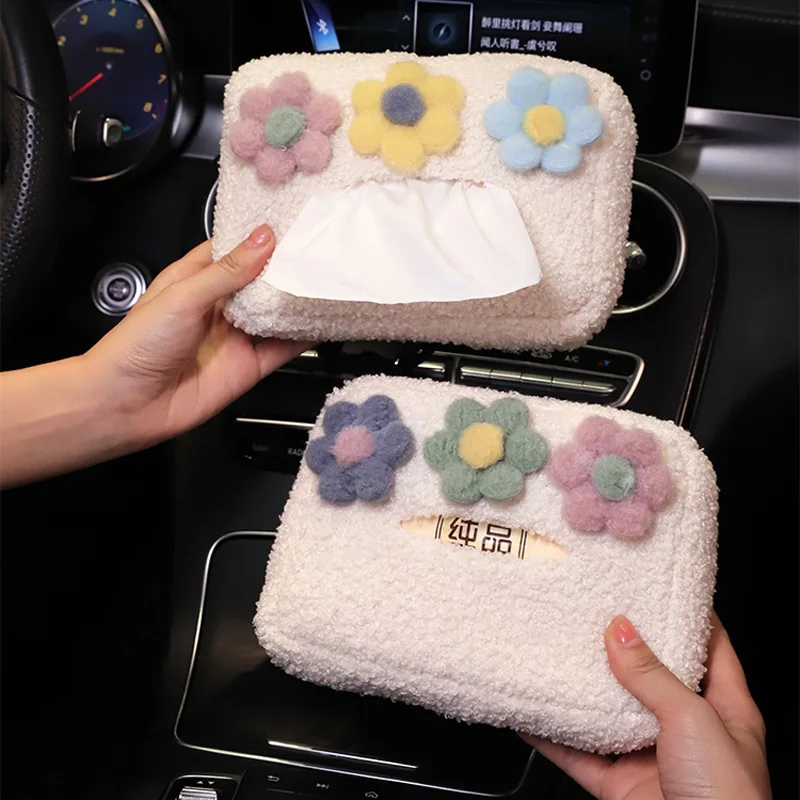 Nette Cartoon Plüsch Farbe Blumen Auto Kopfstütze Tissue Box Papier Turm Halter Auto Visier Hängen Organizer Styling Auto Zubehör