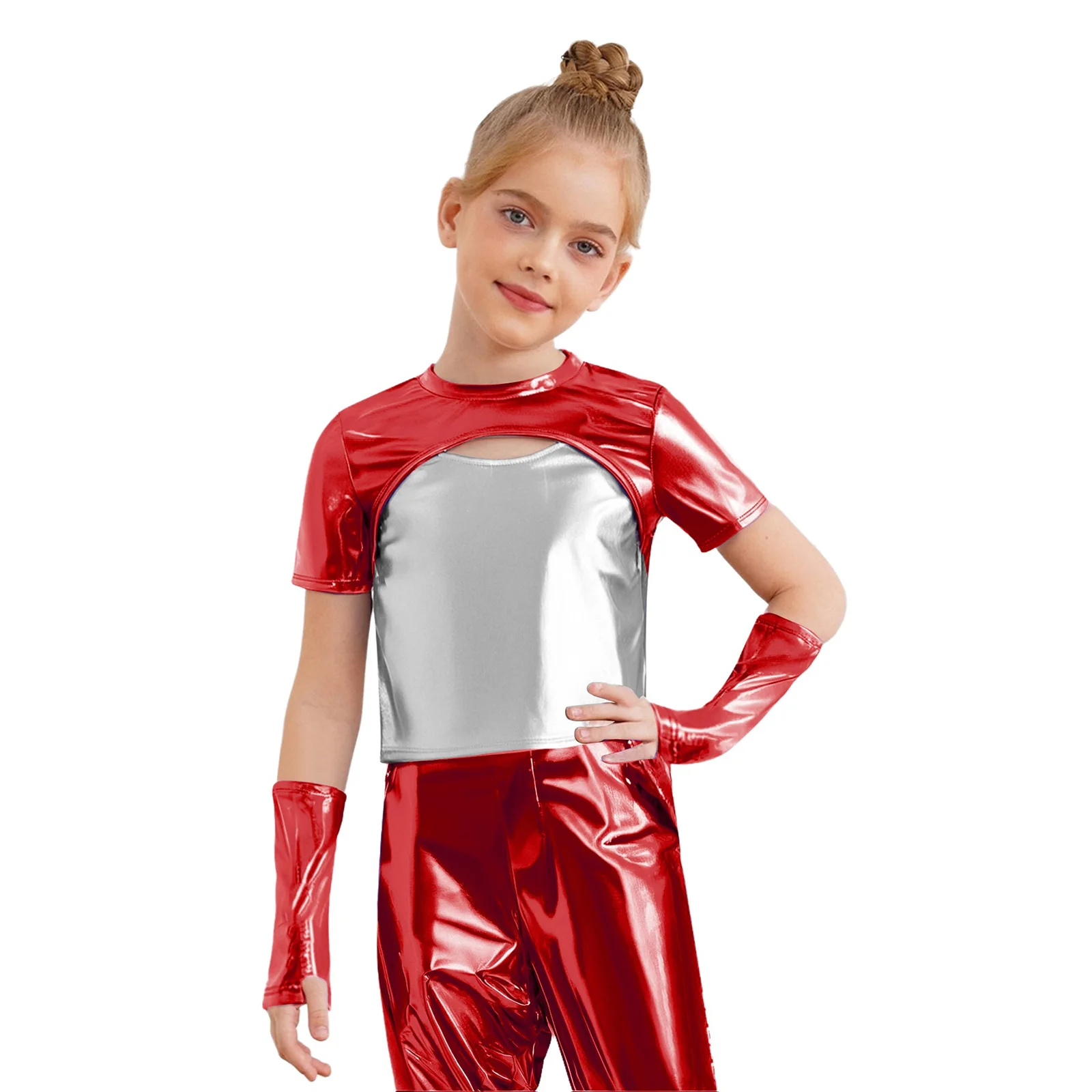 

Kids Girls Hip-Hop Jazz Dance Performance T-shirt Tops Round Neck Short Sleeve Cutout Front Color Block Metallic Top with Gloves