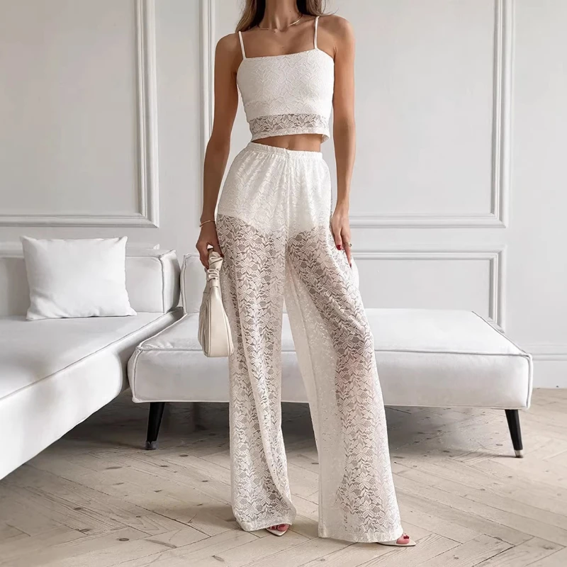 

Women Lace 2 Piece Set Sexy Crop Top and Wide Leg Pants Outfits Summer Elegant White Floral Lace Matching Sets Female Beachwear
