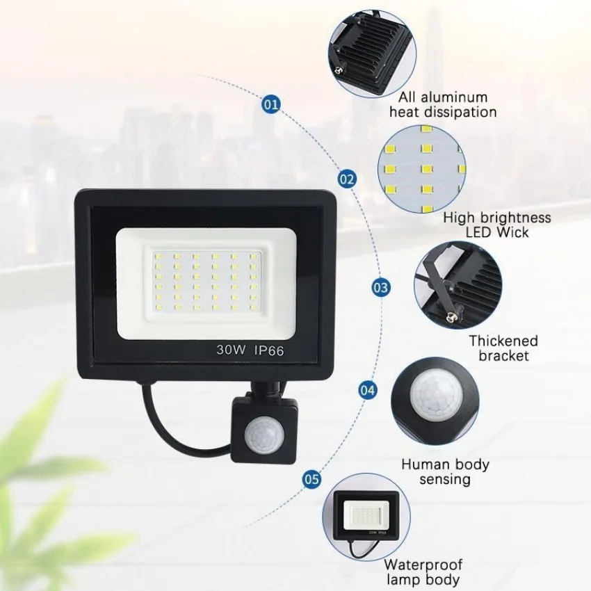 Luz de inundación LED para exteriores, Sensor de movimiento PIR, impermeable, almacén, jardín, farola, lámpara de proyección, farola para exteriores