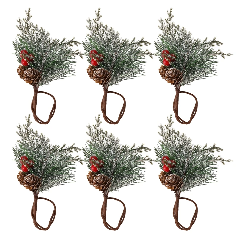 

A21I-Napkin Rings Set Of 6 Pine Needle Berries Thanksgiving Holiday Rustic Farmhouse Napkin Rings Holders