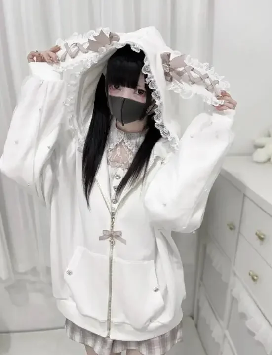 Hoodie Y2K Jirai Kei Kawaii Zip Up for Women Black Cream White Bunny Ears Lace Pearl Bow Oversize Cute Streetwear Jacket Sweet
