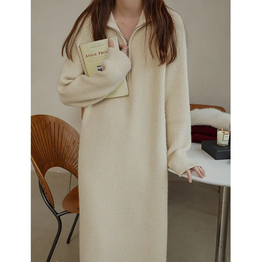 

Simple Solid Color Dress Loose Versatile Fashion Lazy Style Autumn Winter Pullover Knitted Long Sleeves High Neck A-line Skirt