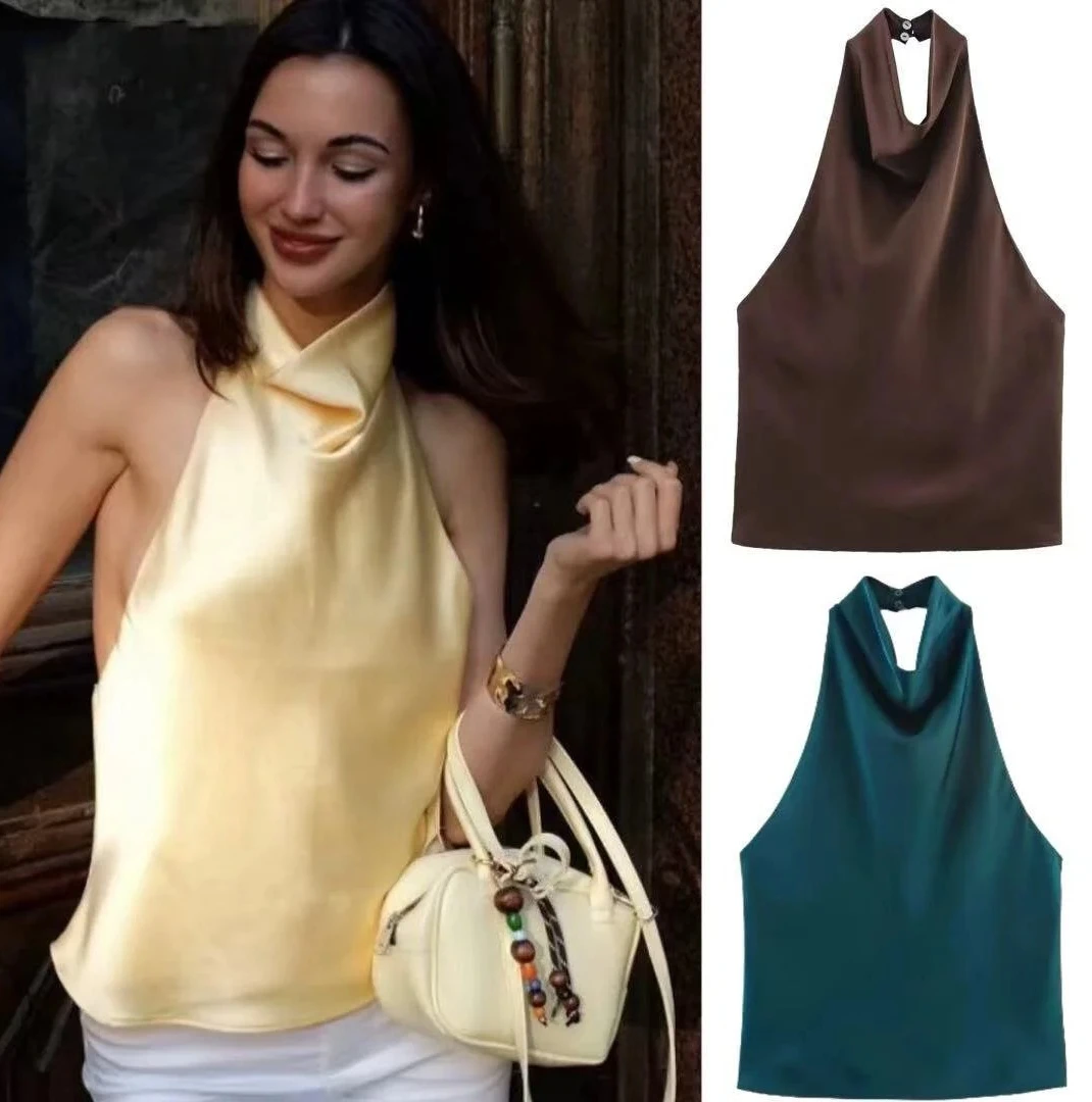 

Women Halter Satin Women Tops Backless Corset Top Vest Yellow Pink Black Summer Elegant Sexy Tops Tank Vestidos