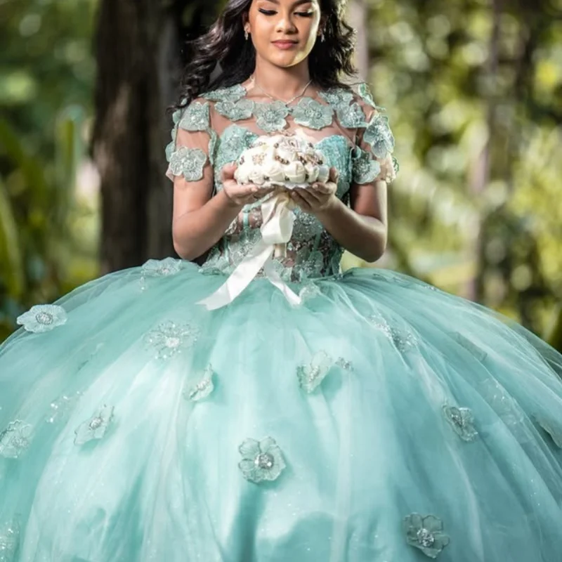 

mint green Quinceanera Dress crystal glitter flower Decal Long tail Lace Big Bow Vestidos De 15 Quinceanera ﻿Customize