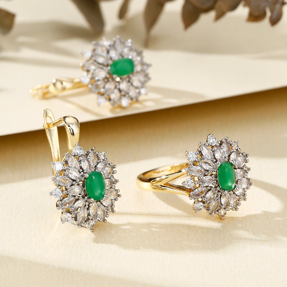 Blumendesign mit eingelegtem ovalem Zirkon, Ohrringe und Ring-Set, luxuriöser Modeschmuck, Schmuckset für Bankett- und Partys, dreiteiliges Set.