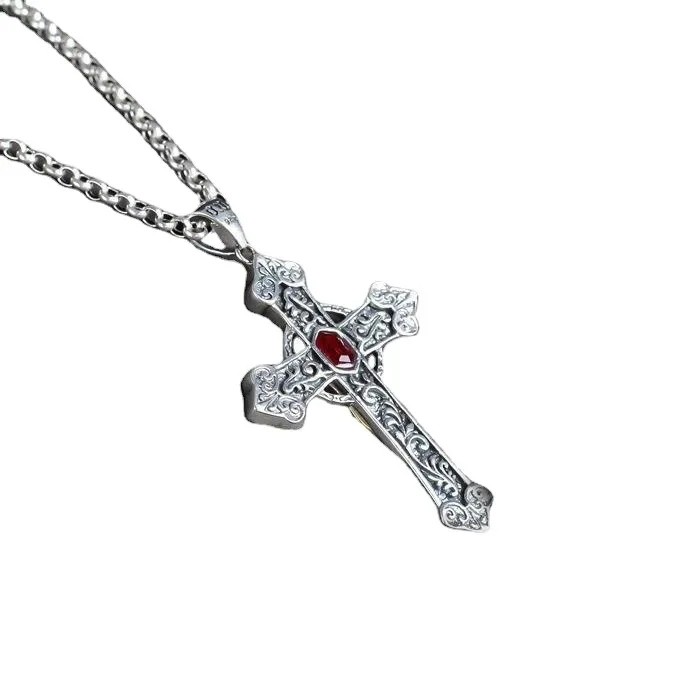 European and American noble ornament s925 silver inlay red garnet cross pendant vintage Thai silver men's and women's necklaces