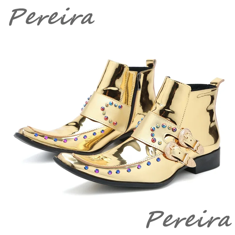 

Luxury Rhinestone Chelsea Boots Men's Golden Patent Leather Double Buckle Square Toe Short Boots Party Banquet Dress Shoes