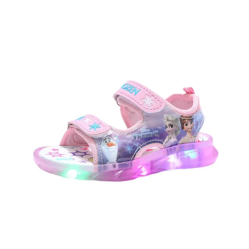 Disney verão sandálias infantis congeladas priness elsa anna sandálias infantis luz led praia rosa roxo sapatos tamanho 21-31