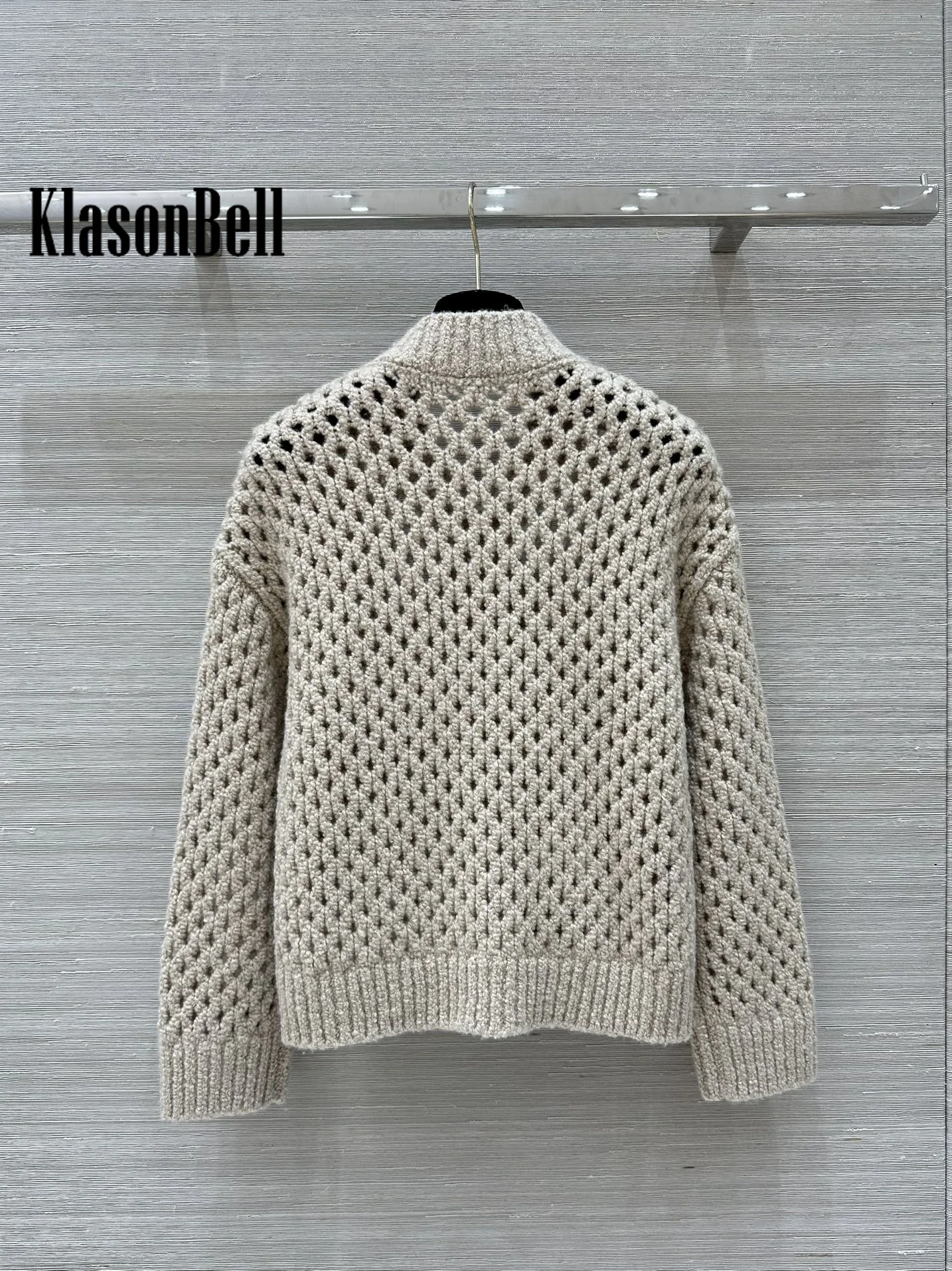 9.8 KlasonBell Women Elegant Bead Chain Crochet Hollow Out Zipper Cardigan Soft Comfortable Wool Knit Long Sleeve Casual Coat