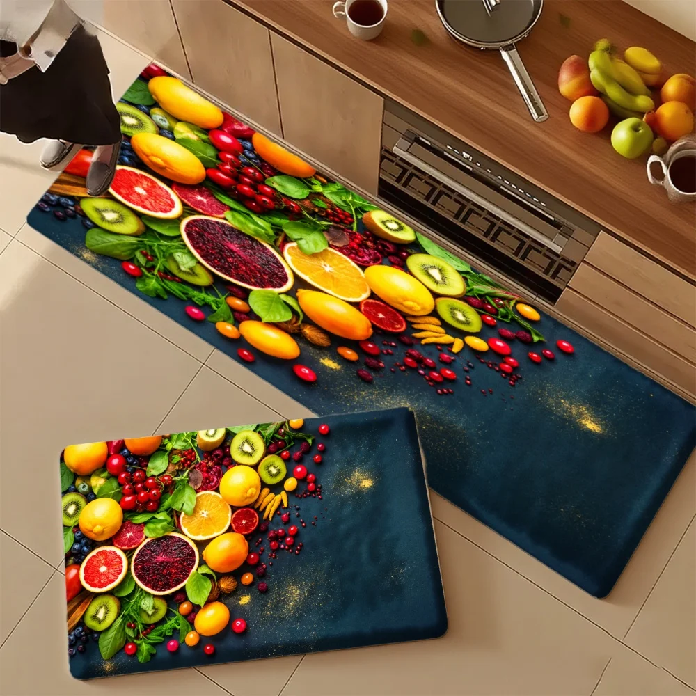 3PCS Mat Set,Home Decoration for Front Door,Kitchen,Fruit Pattern With Colorful Tropical Fruits On Dark Background Kitchen Rug.