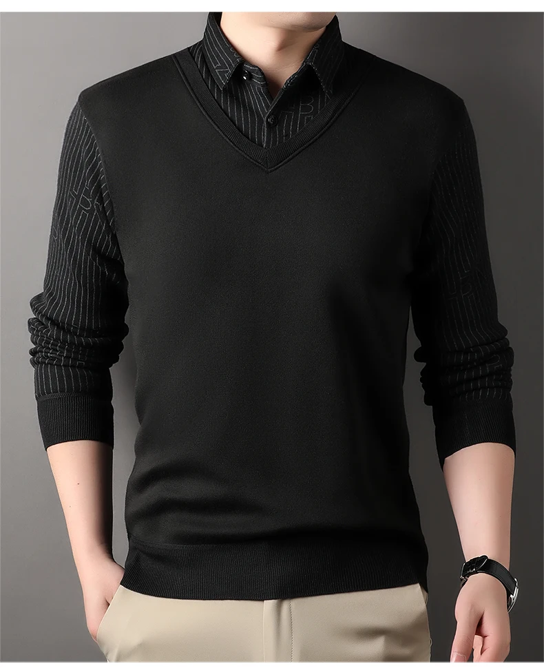 Herren Plaid Pullover Fleece Pullover Slim Fit Elegante Luxus Marke Gefälschte Zwei Stücke Gestrickte Pullover – Detail 20