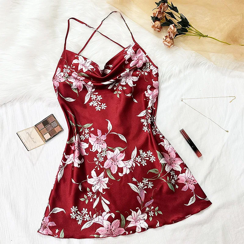 

Сексуальное платье-комбинация, платье с цветочным принтом, ночная сорочка из имитации шелка с открытой спиной
