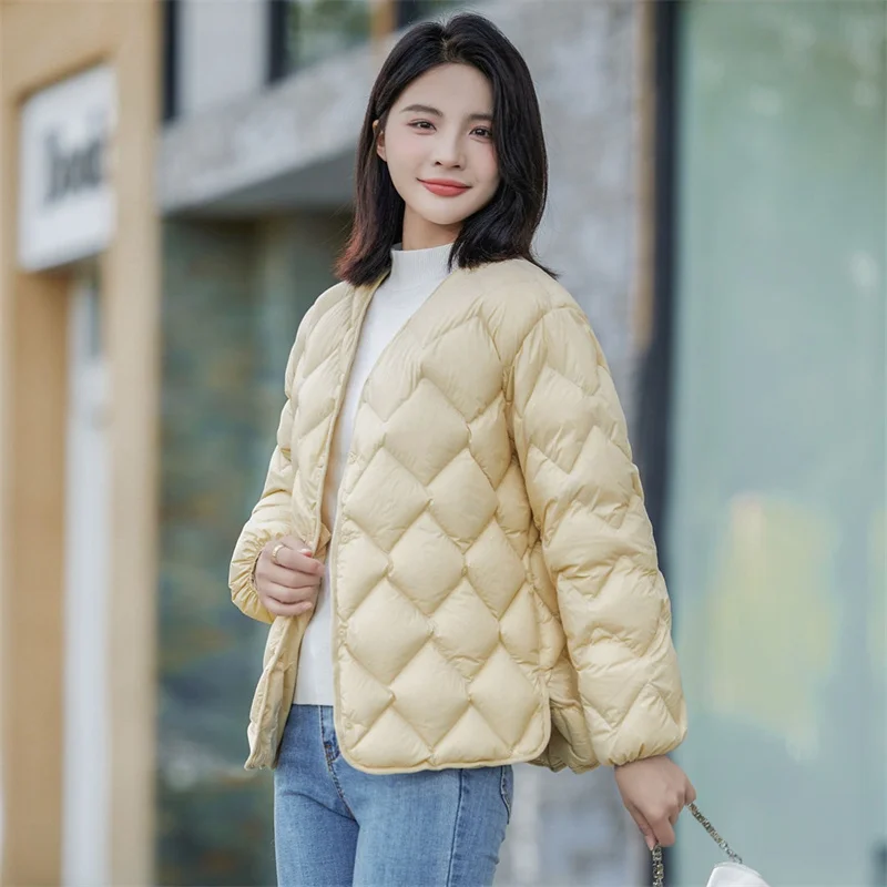 Autumn Winter Warm V Neck Down Coat Women Light Thin White Duck Down Jacket Ladies Short Single Breasted Bigsize Parkas Outwears