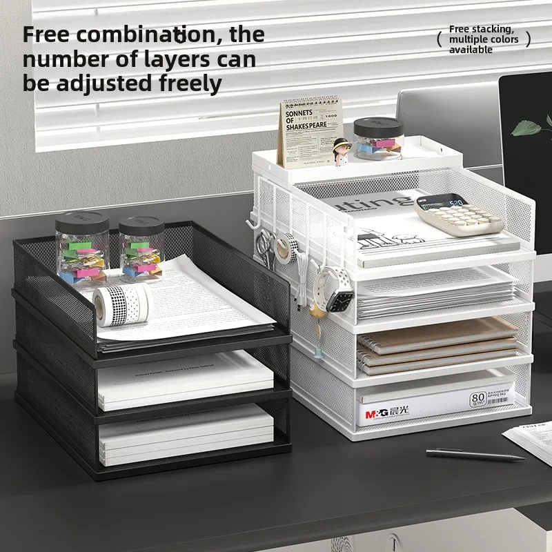 4 Tier Metal Paper Tray Desk Organizer, Stackable File Trays for Office Home, Multi-Functional Document Tray with Grid Design.