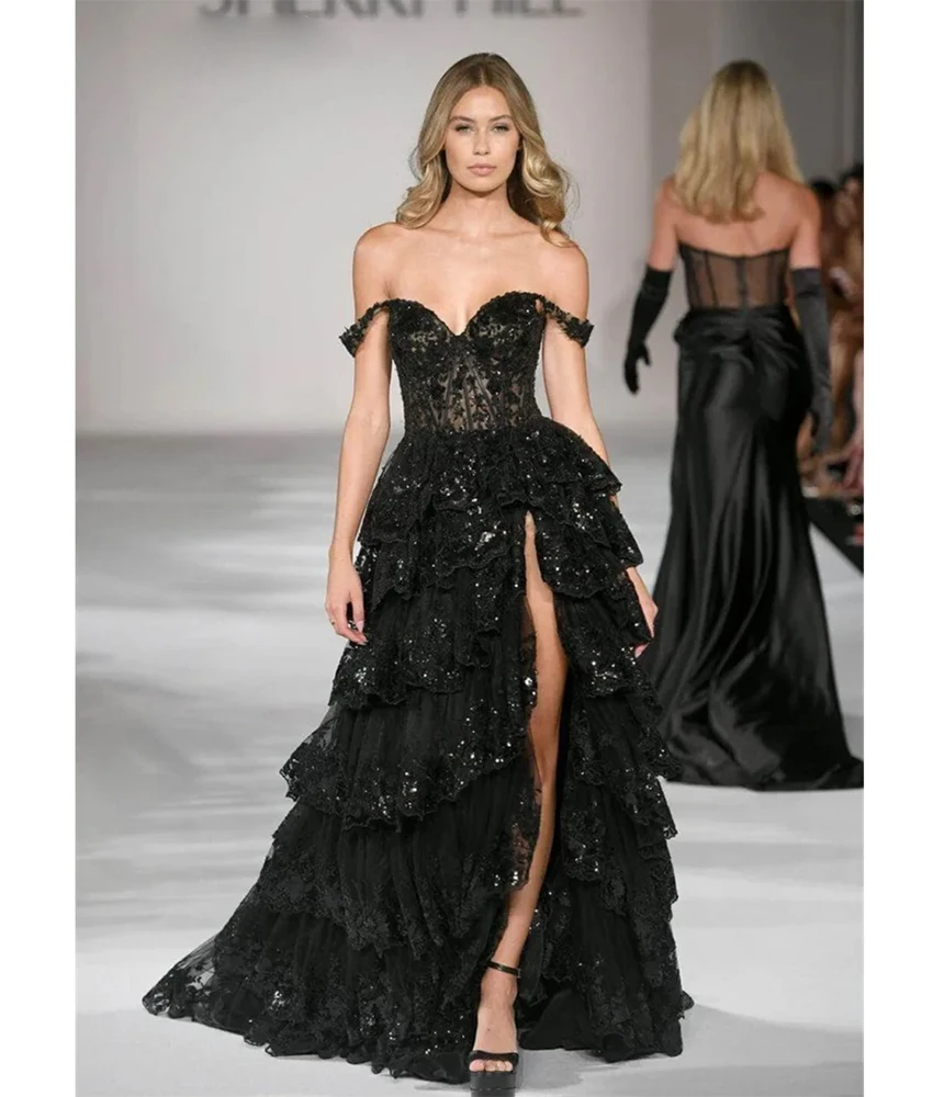 Sukienka wieczorowa z koronki, seksowna, z falbanami, w kształcie litery A, z cekinami, z odkrytymi ramionami, delikatna, z dekoltem w serduszko, فستان سهرة نسائي