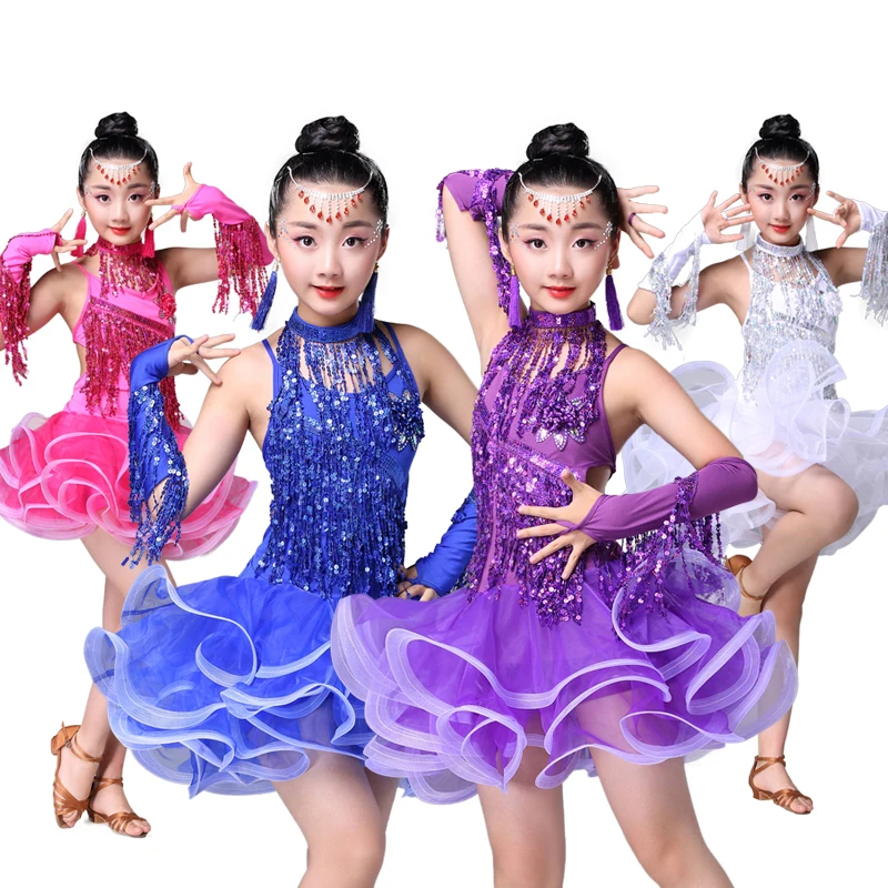 Children's Latin Dance Costumes Children's Latin Skirt Sequins Performing Competition Costume Girls Salsa Dancing Tassel Dress