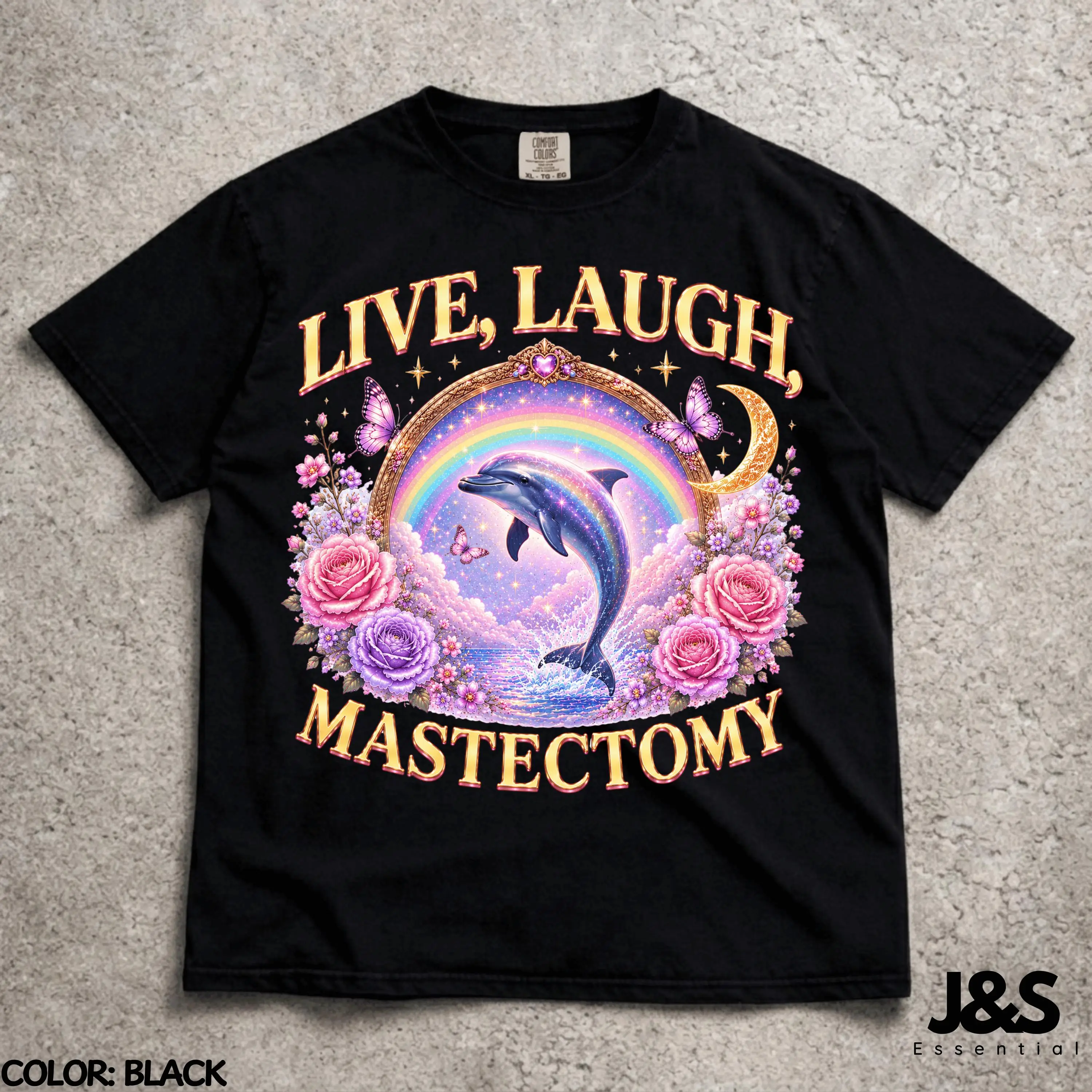 Live Laugh Mastectomy T-Shirt, Funny Medical Humor Graphic Tee, Surreal Dolphin Art Shirt, Breast Cancer Awareness Gift