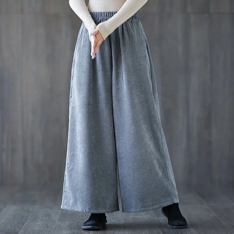 

Women Clothing Corduroy Wide Leg Pants Autumn Winter Vintage Literature and Art Thicken Warm Trousers Ladies Loose Casual Pant