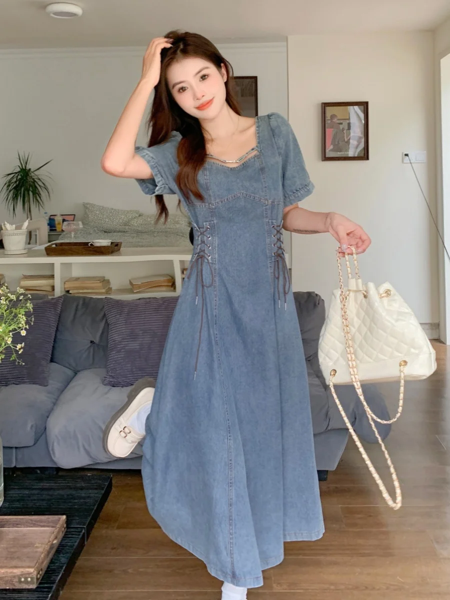 Женское французское платье с короткими рукавами большого размера, женская летняя утягивающая джинсовая юбка с затягивающей талией, грушевидная фигурная юбка M518 Женское французское платье с короткими рукавами большого размера, женская летняя утягивающая джинсовая юбка с затягивающей талией, грушевидная фигурная юбка M518