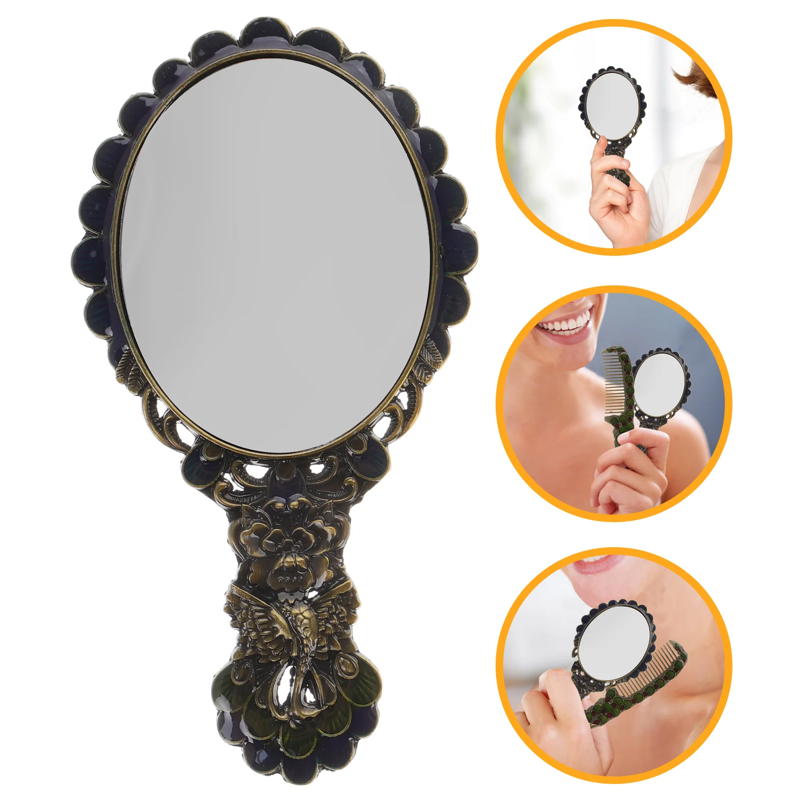 

Peacock Handheld Makeup Mirror Portable Retro Dresser Tool Vintage Compact Elegant Metal Vanity Small for Travel