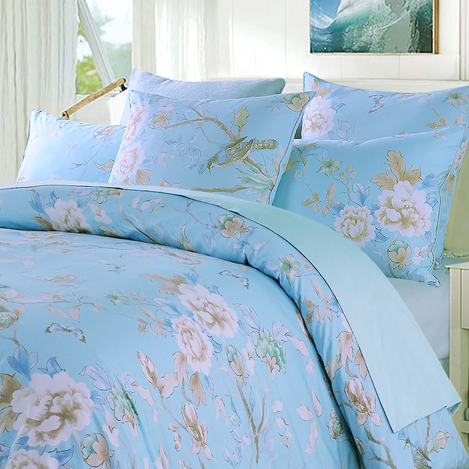 

3pcs 600 TC 100% Egyptian Cotton Duvet Cover Set (Without Core), Luxury Vintage Bird & Watercolor Floral Painting in Light Blue