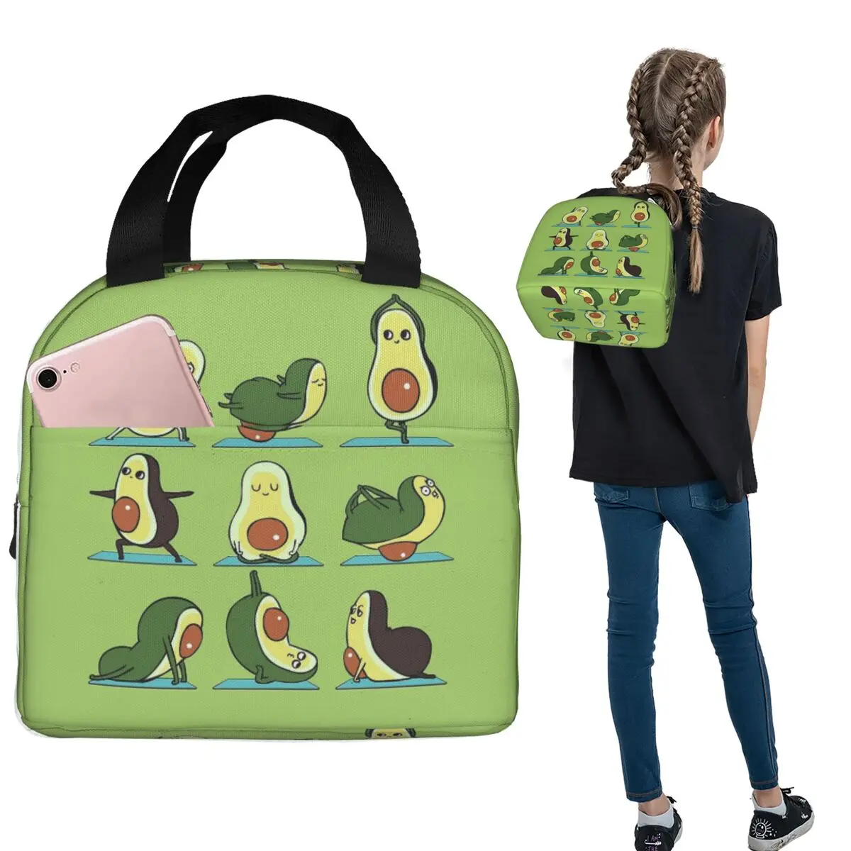

Avocado Yoga Insulated Lunch Bag for Women Children Portable Food Boxes Thermal Lunch Box Tote