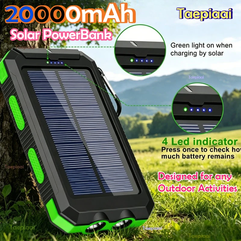 20000mAh  Solar Power Bank Portable Charging PowerBank External Battery Charger Strong Light LDE Light for All Smartphones