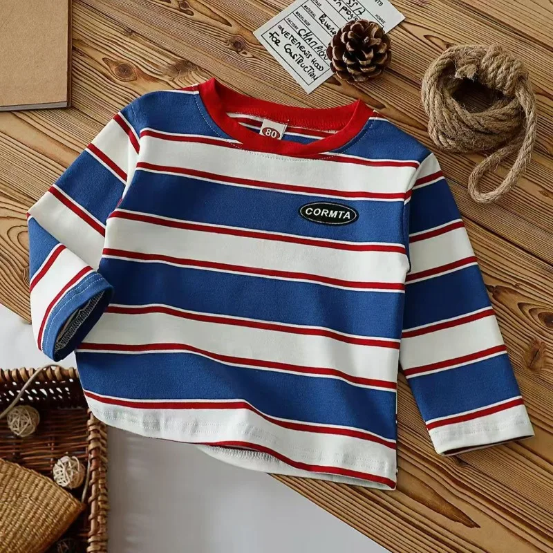 Kinder-Langarm-T-Shirt, neues Retro-gestreiftes Baumwollhemd, Frühling und Herbst, lässiges Oberteil für Babys, Kleinkinder, Jungen und Mädchen