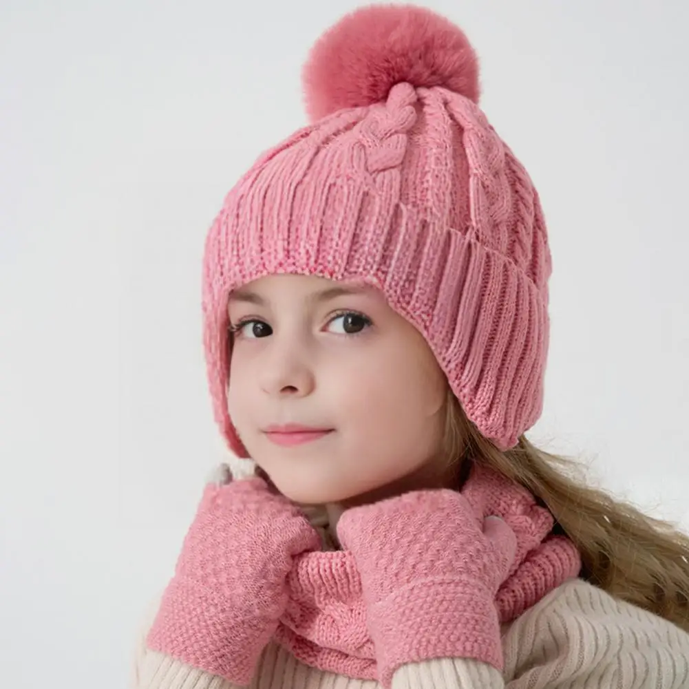 Soft Hat Scarf Gloves 3pcs Kids Winter Hat Scarf Gloves Set Colorful Twist Knit Thick Plush Lined Neck Gaiter Warm for Children