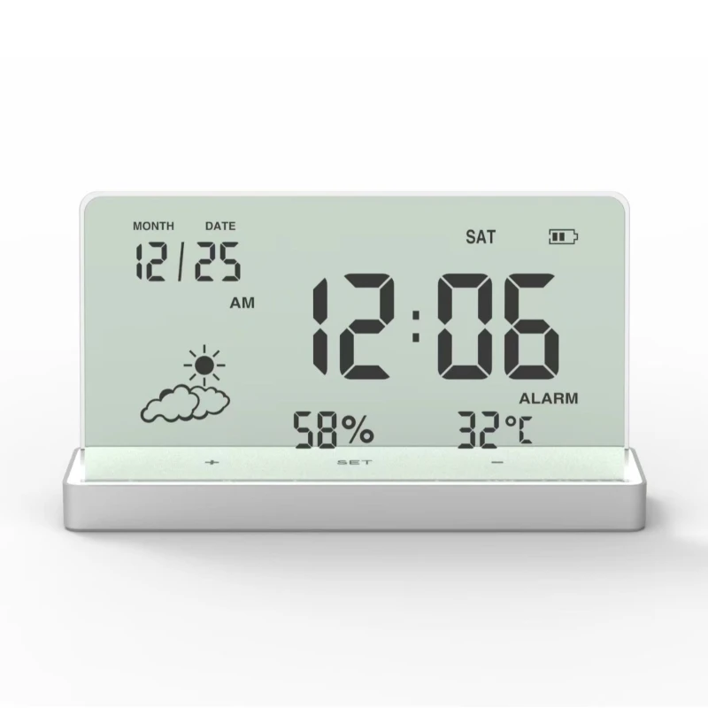 LCD Transparent Alarm Clock Silent Digital Clocks Bedroom Study Room Desktop Clock Weather Humidity Versatile Electric Clocks