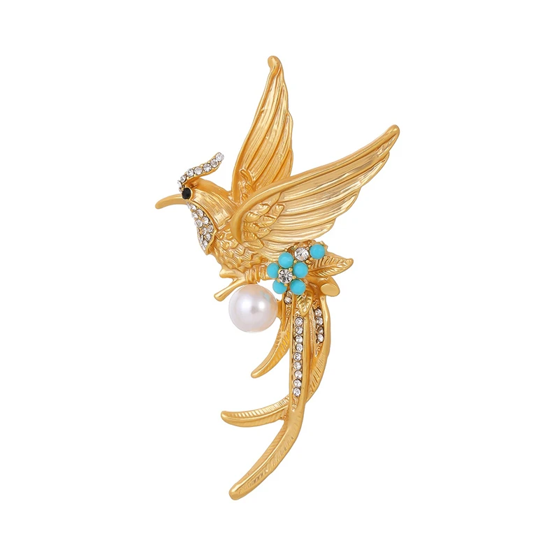 Exquisite Solid Gold Color Flying Phoenix Brooch Rhinestone Pearl Mythical Beast Design Divine Bird Brooches Suit Coat Lapel Pin