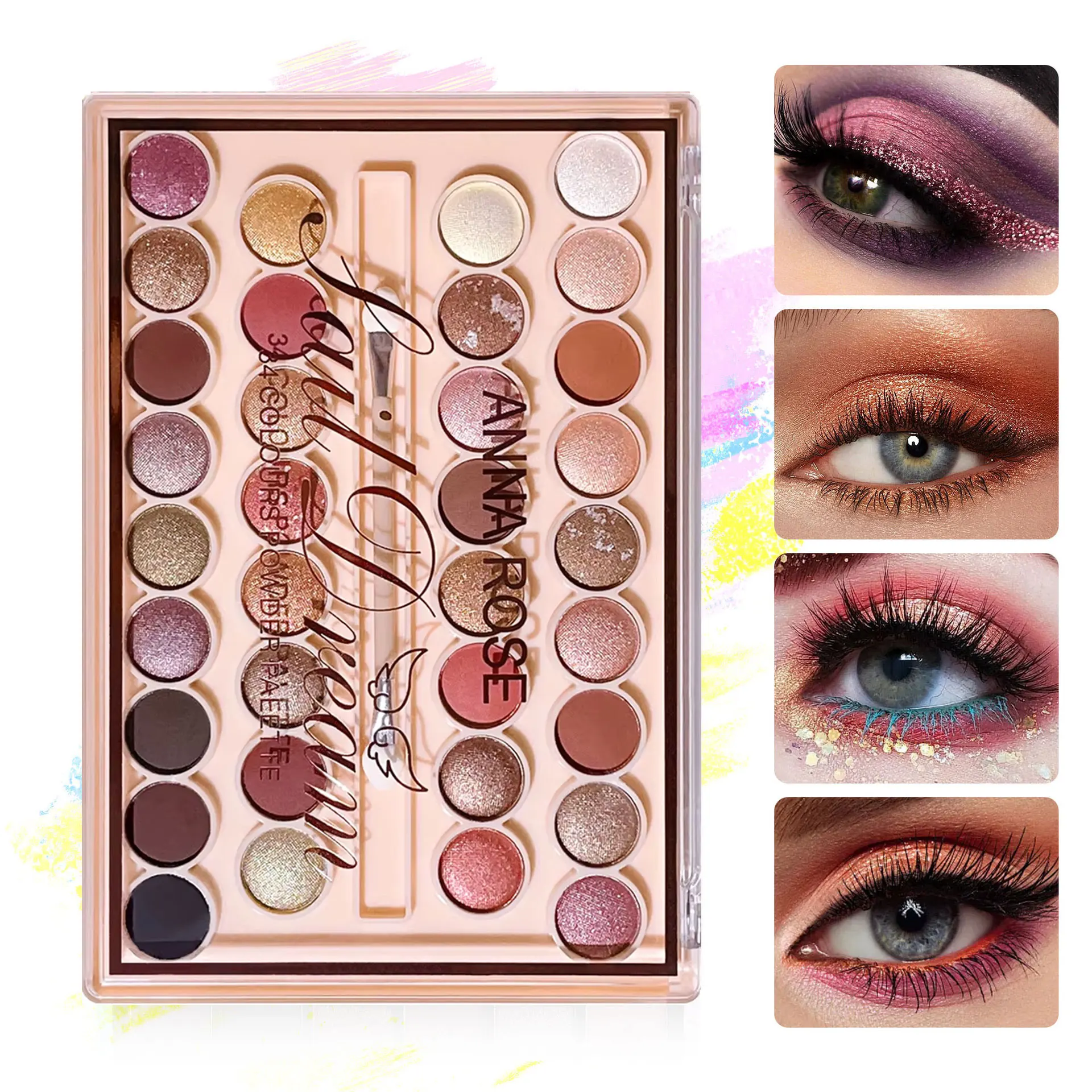 34 color eyeshadow palette with brush, matte shimmer Multicolor, High paint waterproof and Sweat resistant, Music Festival Hallo