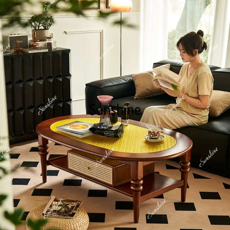 French retro solid wood coffee table oval rattan glass double-layer low table